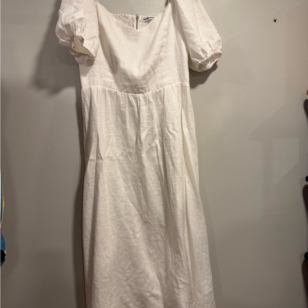 Reformation Rhode 100% Linen White Puff-Sleeve Midi Dress sz12 - Picture 2 of 4